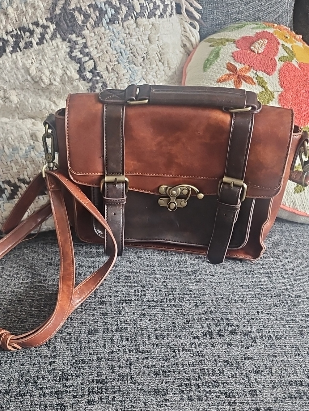 Two-Tone Brown PU Leather Messenger Bag with Brass Hardware
